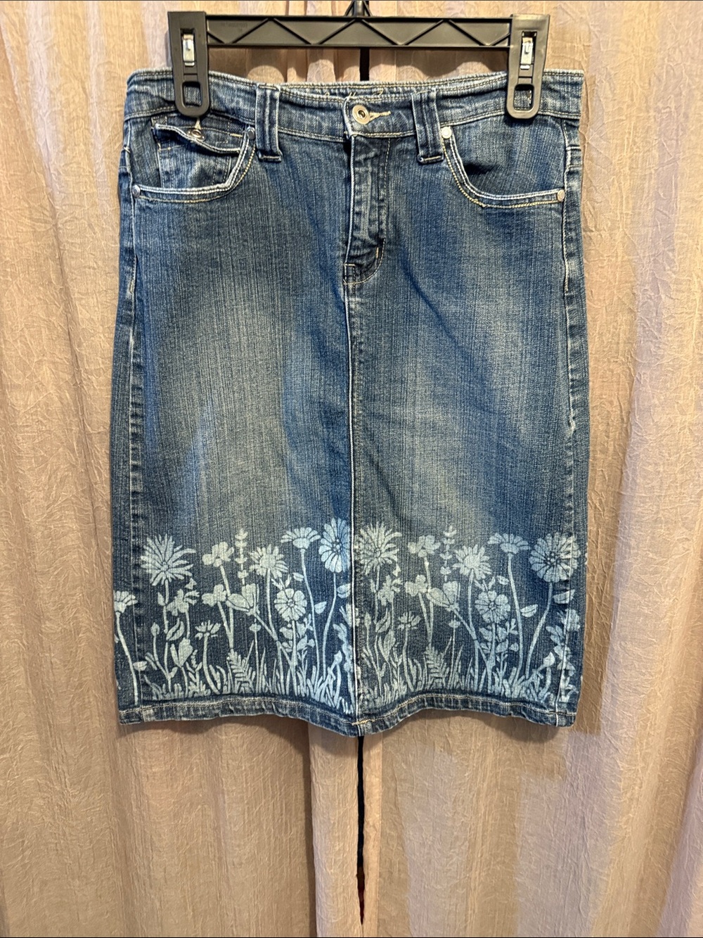 Apollo Jeans Blue Denim Midi Skirt with Bleached Floral Border